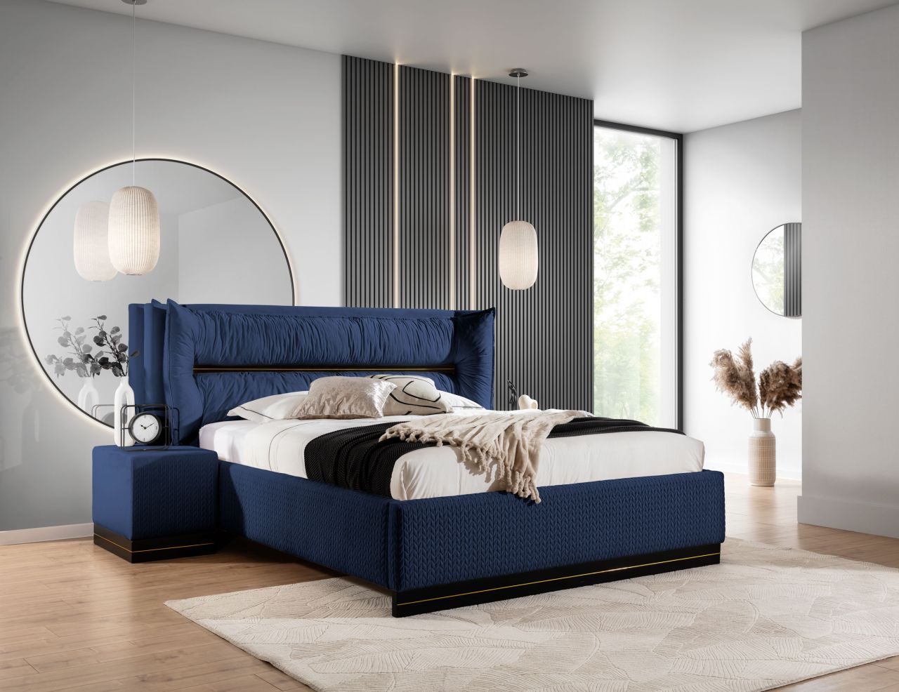 Polsterbett Doppelbett Set.3 HAMILTON 120x200cm Stoff Magic Velvet Dunkelblau