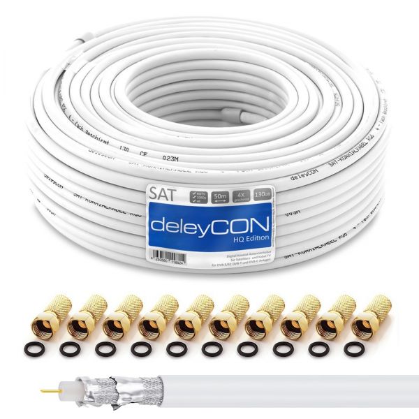 deleyCON 50m HQ SAT Kabel HDTV 130dB 4x geschirmt + 10x F-Stecker - vergoldet