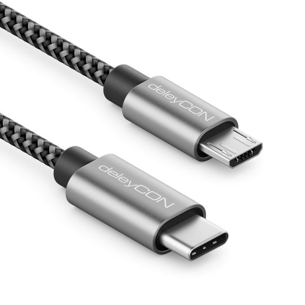deleyCON 1,5m USB C auf Micro USB Kabel Adapter Ladekabel Datenkabel Schwarz