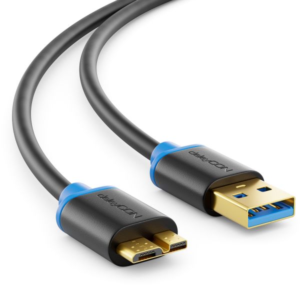 deleyCON 0,5m Micro USB 3.0 Datenkabel USB A-Stecker zu Micro B-Stecker Schwarz