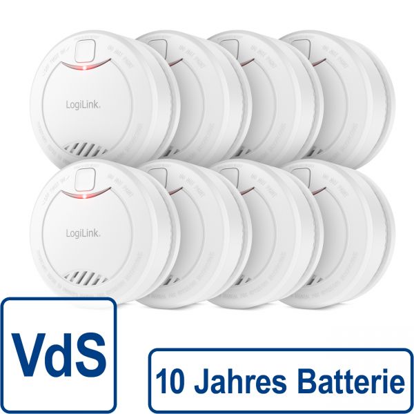 8x LogiLink Rauchmelder VdS 10 Jahre Batterie 85dB Feuermelder Brandmelder Alarm