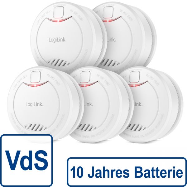 5x LogiLink Rauchmelder VdS 10 Jahre Batterie 85dB Feuermelder Brandmelder Alarm