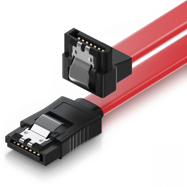 deleyCON 0,3m SATA 3 Datenkabel mit Clip - 1x Winkel 90° Grad - S-ATA 6Gb/s Rot