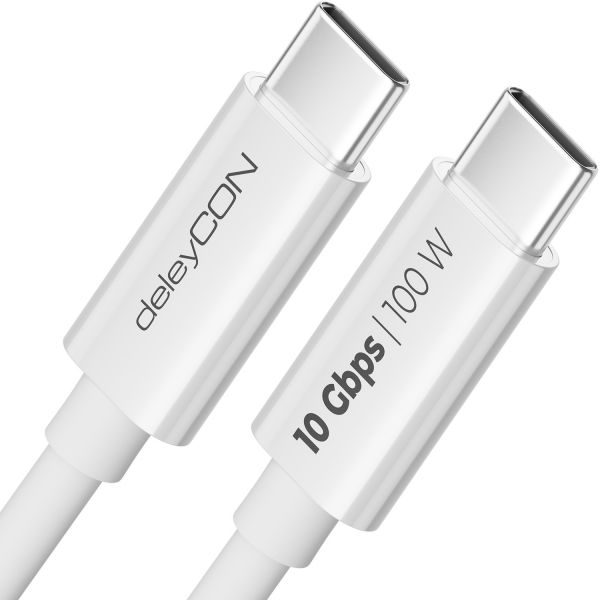 deleyCON 1m USB C Kabel USB3.2 Gen2 10 Gbit/s 100W Ladekabel Datenkabel Weiß