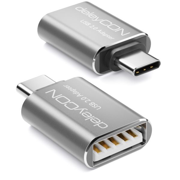 deleyCON 2x USB2.0 Adapter USB C zu USB A-Buchse OTG Adapter Aluminium Silber