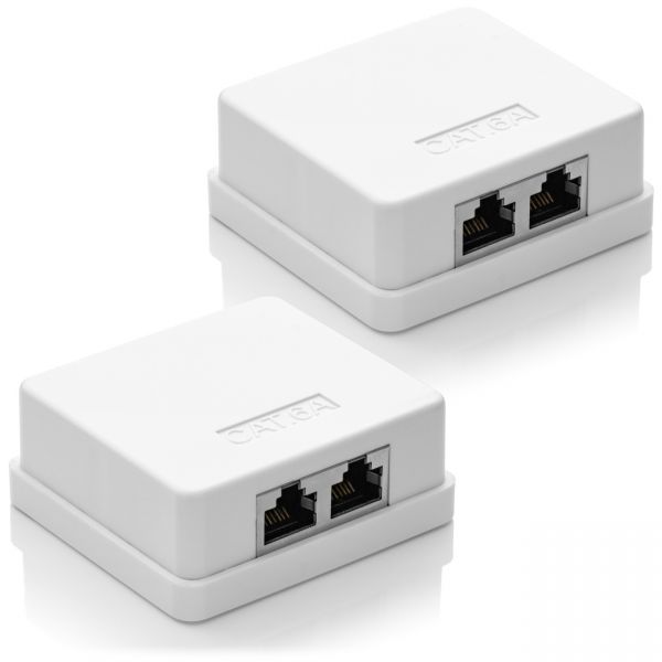 deleyCON CAT 6a Netzwerkdose 2x RJ45 Buchse FTP geschirmt Aufputz 2 Stück Weiß