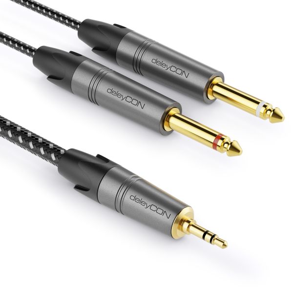deleyCON 3,0m 3,5mm Klinke Stereo auf 2x 6,3mm Klinke Mono Kabel Y Audiokabel