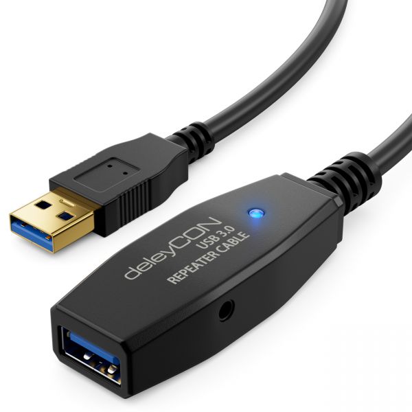 deleyCON 15m Aktive USB 3.0 Kabel Verlängerung mit 2 Verstärker Scanner Drucker