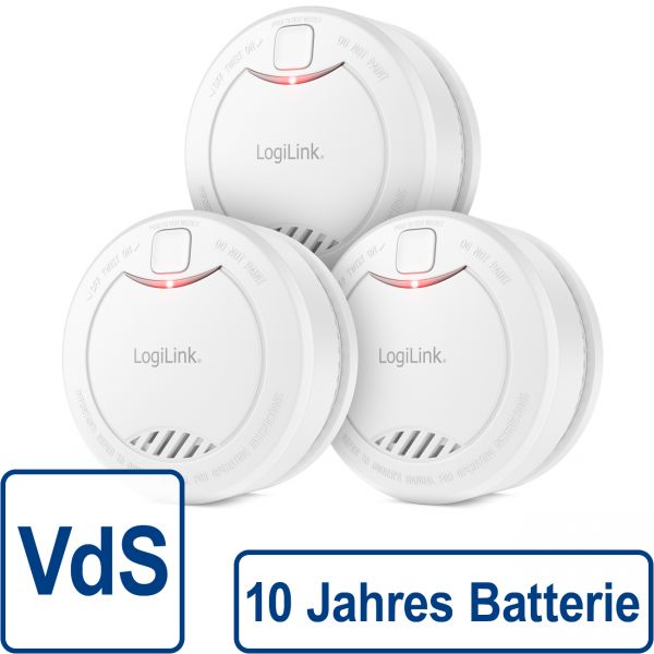 3x LogiLink Rauchmelder VdS 10 Jahre Batterie 85dB Feuermelder Brandmelder Alarm