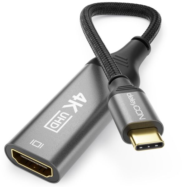 deleyCON 10cm USB-C HDMI Kabel 4K60Hz, 2K165Hz, HDR, TB3/4 für iPhone/iPad