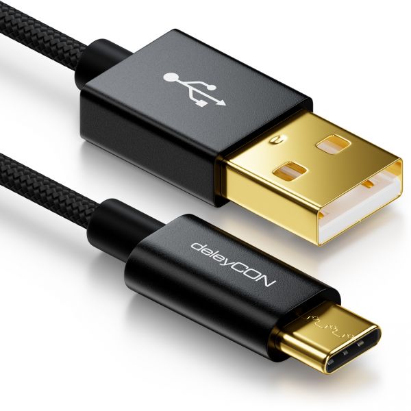 deleyCON USB C Kabel 0,5m Nylon + Metallstecker auf USB 2.0 (Typ-A) - Schwarz