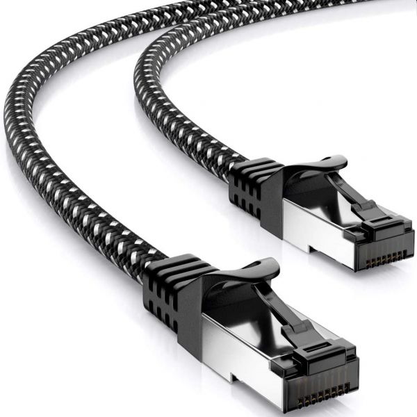 deleyCON 0,25m RJ45 Nylon Netzwerkkabel mit CAT7 Rohkabel S-FTP PiMF Schwarz