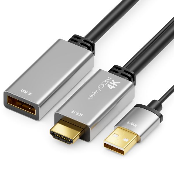deleyCON 4K HDMI auf DisplayPort Adapter 4K@60Hz Alu USB-Stromversorgung HDR