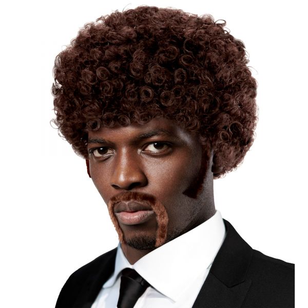 Pulp Fiction Afro Perücke mit Koteletten und Schnurrbart, - Widmann