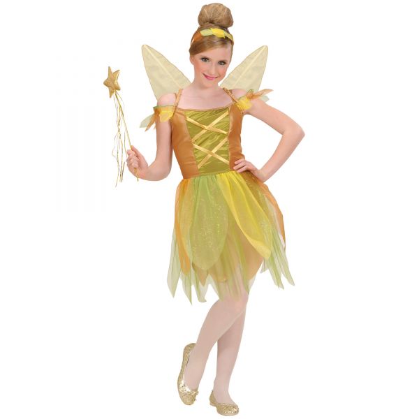 Goldene Waldfee (Kleid, Flügel, Haarreif), 128 cm / 5-7 Jahre - Widmann