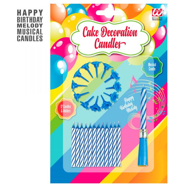 Set von 12 Kerzen mit Halter + 1 Musik-Kerze Blau , - Widmann