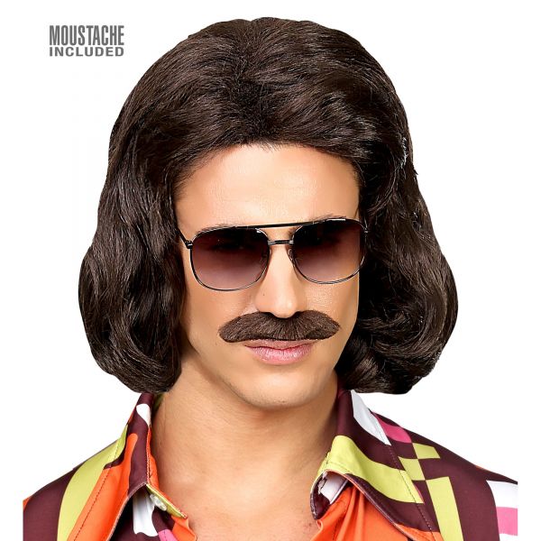 Braune 70Er Jahre Dandy Perücke mit Schnurrbart, - Widmann