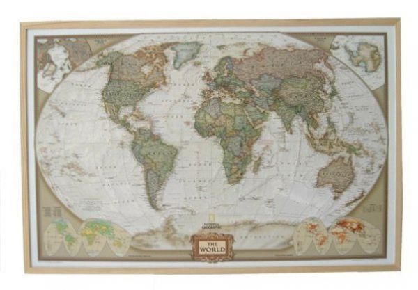 National Geographic The World, Weltkarte auf Kork-Pinnwand (historischer antiker Stil): Mit Holzbera