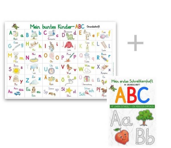 Mein buntes Kinder-ABC Grundschrift Lernposter DIN A3 laminiert + Schreiblernheft DIN A4, 2 Teile - E & Z-Verlag
