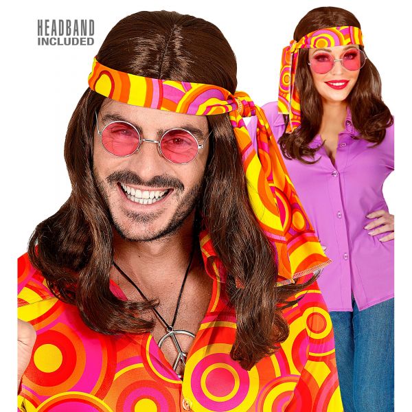 Braune Perücke 70Er Jahre Disco Fever mit Stirnband, - Widmann