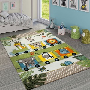 Kinderteppich Bunt Grün Zoo Tiere Lokomotive Zug Dschungel 3-D Effekt Kurzflor Kinderteppich Bunt Grün Zoo Tiere Lokomotive Zug Dschungel 3-D Effekt Kurzflor