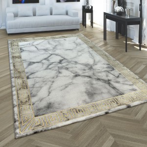 Kurzflor Teppich Wohnzimmer Grau Gold Weich Marmor Muster 3-D Bordüre Robust Kurzflor Teppich Wohnzimmer Grau Gold Weich Marmor Muster 3-D Bordüre Robust