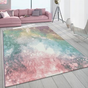 Teppich Wohnzimmer Bunt Rosa Grün Türkis Pastell Farbverlauf Robust Kurzflor