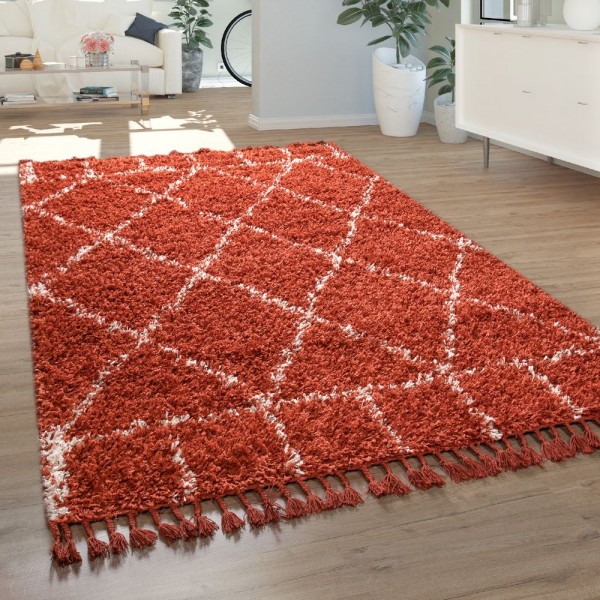 Wohnzimmer Teppich Shaggy Hochflor Modern Rautenmuster Karo In Terracotta Weiß