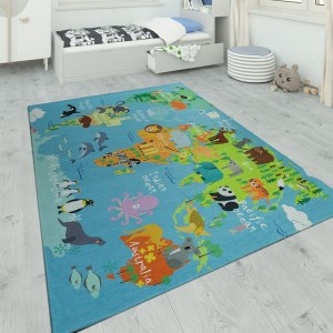 Kinderteppich Spielzimmer Weltkarte Mit Tieren Blau Kinderteppich Spielzimmer Weltkarte Mit Tieren Blau