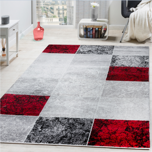 Designer Teppich Kariert Kurzflor Marmor Optik Meliert Modern Grau Schwarz Rot