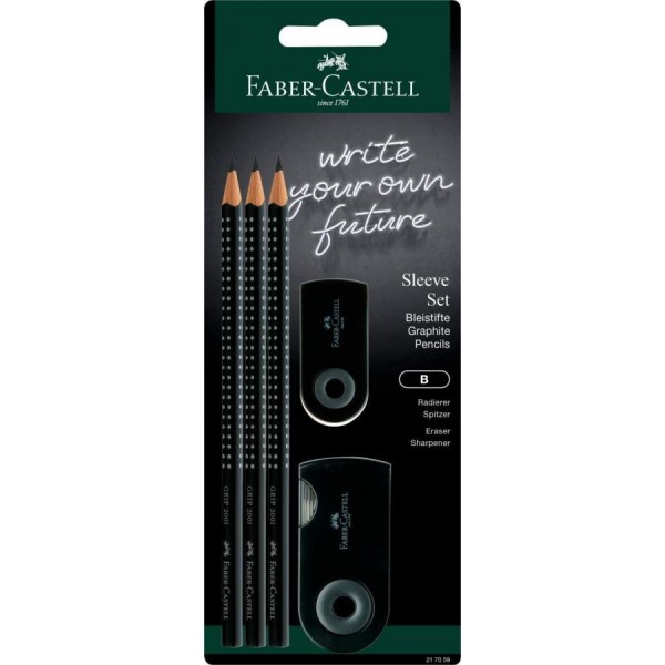 Faber-Castell Bleistift-Set schwarz - 3 x Bleistift Grip 2001 B, 1 x Sleeve Mini Radiergummi, 1 x Sleeve Twin Spitzbox