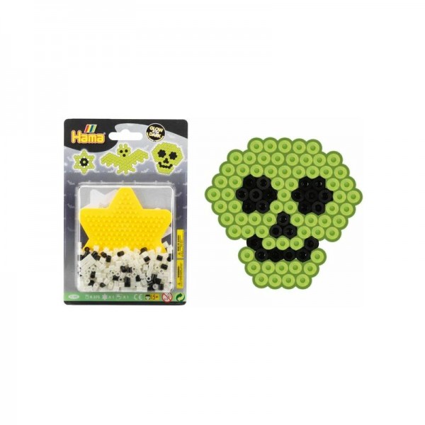 Hama Perlen 4180 Kleines Set Grusel Glow in the dark mit ca. 375 leuchtende Midi Bügelperlen mit Durchmesser 5 mm, Stiftplatten, inkl. Bügelpapier, kr