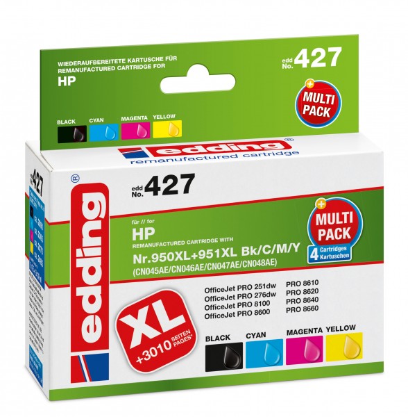 edding Tintenpatrone EDD-427 ersetzt HP 950XL/951XL (CN045/CN046/CN047/CN048) Multipack 4 - Schwarz, Cyan, Magenta, Gelb - 1x 75ml + 3x 30ml