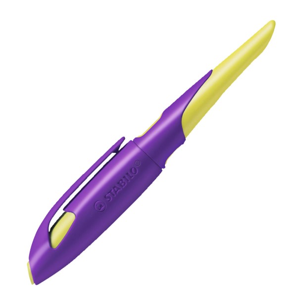Ergonomischer Schulfüller für Rechtshänder mit Anfänger-Feder A - STABILO EASYbirdy in violett/gelb - Einzelstift - inklusive Patrone - Schreibfarbe b