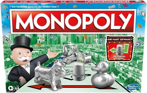 Monopoly Spiel, Familien-Brettspiel für 2 bis 6 Spieler, ab 8 Jahren für Kinder, mit 8 Spielfiguren (Figuren können variieren)