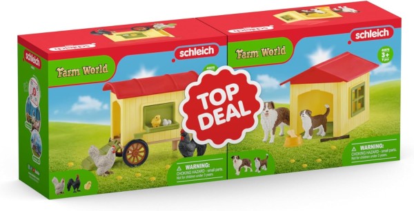 Farm World Oster-Bundle SCHLEICH 2024, ideal als Geschenk, bestehend aus mobilem Hühnerstall und Hundehütte