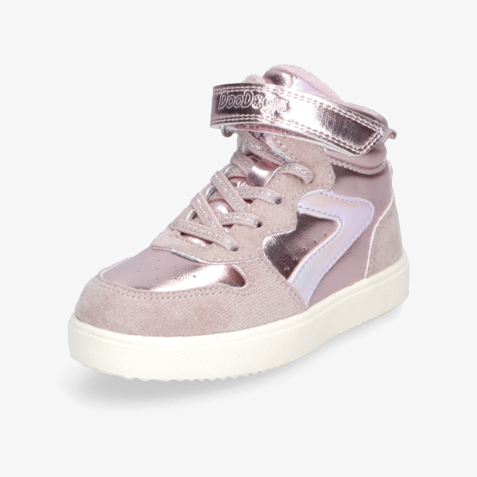 Stylische roségoldene Sneaker mit Klettverschluss und weißer Sohle für komfortable und modische Auftritte.