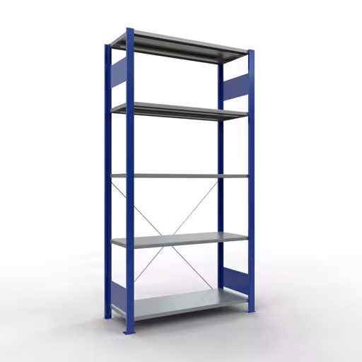 Basisplank, legbord, insteeksysteem MULTIplus85, 2000 x 1000 x 400 mm (HxBxD), 5 legborden, kruisschoor, RAL 5010 gentiaanblauw, basisplank, art.nr. 13140-B