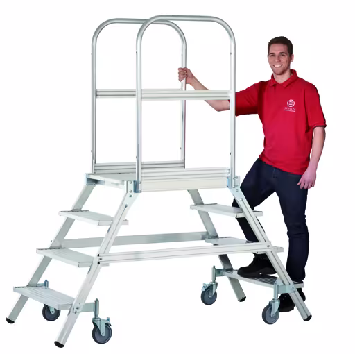 Échelle à plateforme en aluminium, accessible des deux côtés, avec roulettes, hauteur de travail env. 2,70 m, escalier à plateforme, réf. 34877