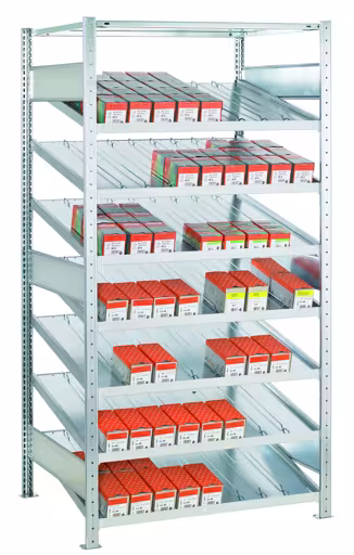 Tilbygningshylde, kanbanhylde MULTIplus150, 2000 x 1000 x 500 mm (HxBxD), galvaniseret, 7+1 hylder, uden skillevægge og sidestyr, kanbanhylder, varenr. 13611