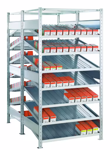 Basishylde, dobbelt kanban-hylde MULTIplus150, 2000 x 1000 x 2x800 mm (HxBxD), galvaniseret, 2x(7+1) hylder, med skillevægge og sidestyr, kanban-hylder, varenr. 13652