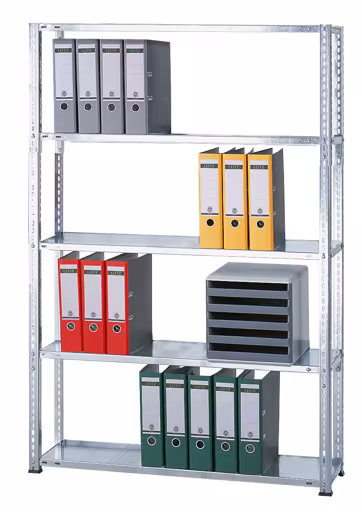 Grundregal, Büro-Fachbodenregal Schraubsystem MULTIplus85, 1800 x 750 x 300 mm (HxBxT), 5 Fachböden, verzinkt, ohne Anschlagleiste aus der Kategorie Schraubsystem mit der Artikelnummer 10432