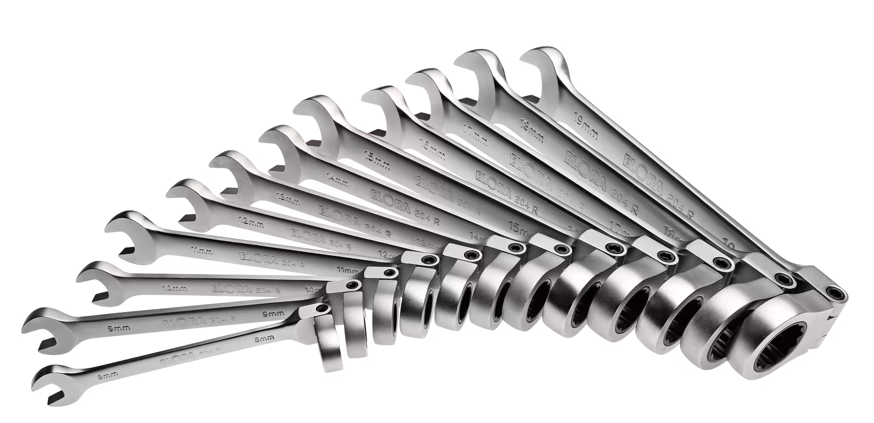 Set ringsteeksleutels met scharnierratel, 12-delig, ELORA 204RS 12M uit de categorie ringsteeksleutels met artikelnr. 0204500122000