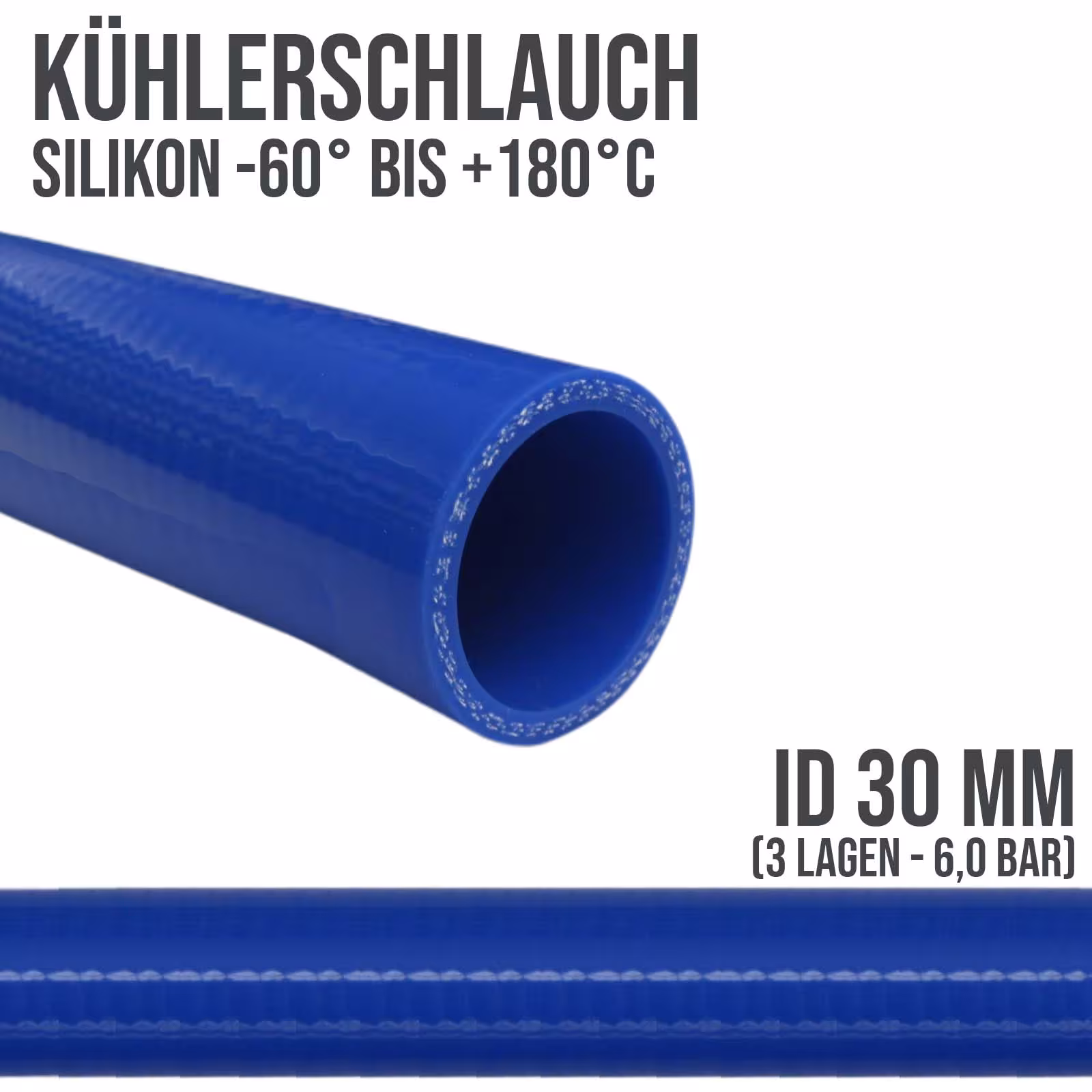 30 x 38 mm Kühler Silikon LLK Ladeluft Kühlmittel Schlauch blau PN 6,0 bar - Fixlänge 1 m aus der Kategorie Kühlwasserschläuche mit der Artikelnummer KSS030-1000GA