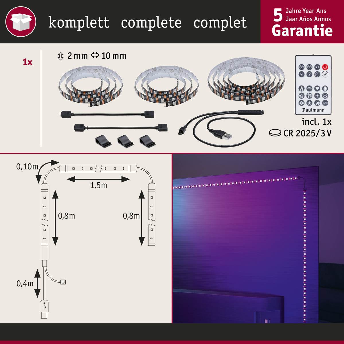 Paulmann EntertainLED USB LED Strip TV-Beleuchtung, 55, 65 oder 75 Zoll, RGB Rainbow, Dimmbar Produktabbildung 6