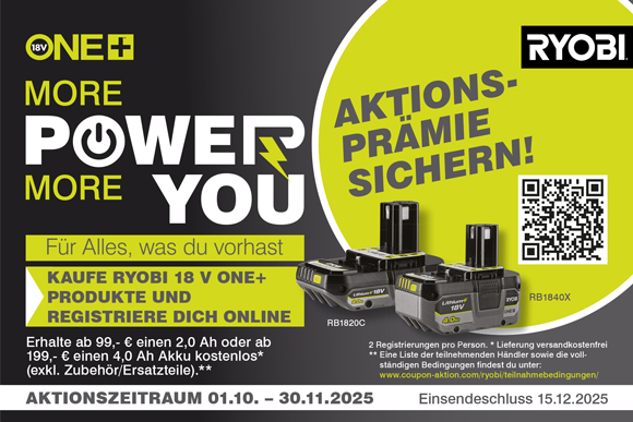 Ryobi ONE+ Aktions-Prämien - Aktionszeitraum bis 30. November