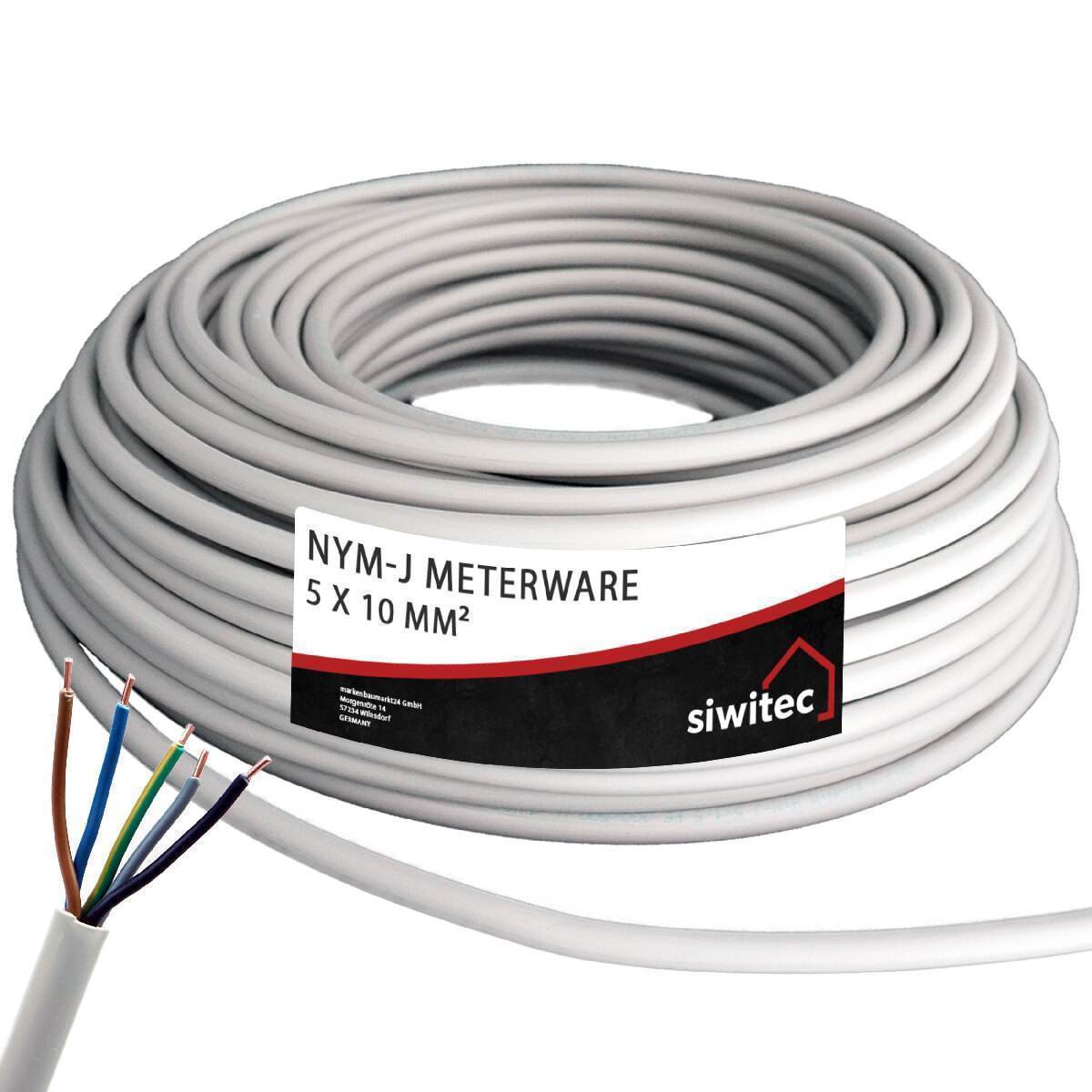 siwitec NYM-J 5 x 10mm² Kabel, Meterware, Installationskabel, Mantelleitung, Stromkabel nach Maß, grau Produktabbildung 1