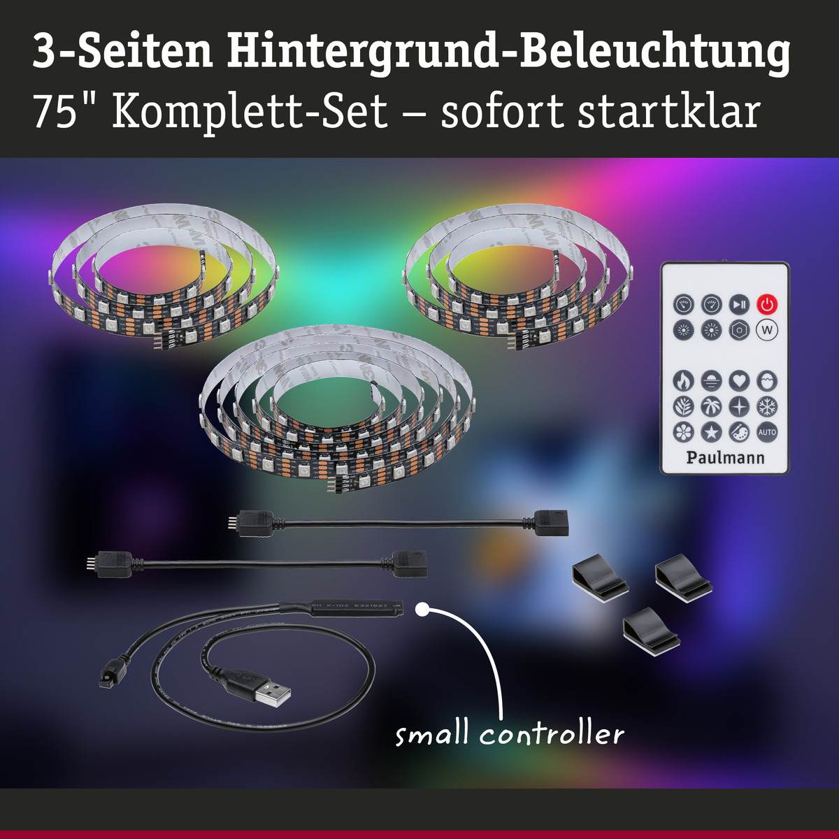 Paulmann EntertainLED USB LED Strip TV-Beleuchtung, 55, 65 oder 75 Zoll, RGB Rainbow, Dimmbar Produktabbildung 4