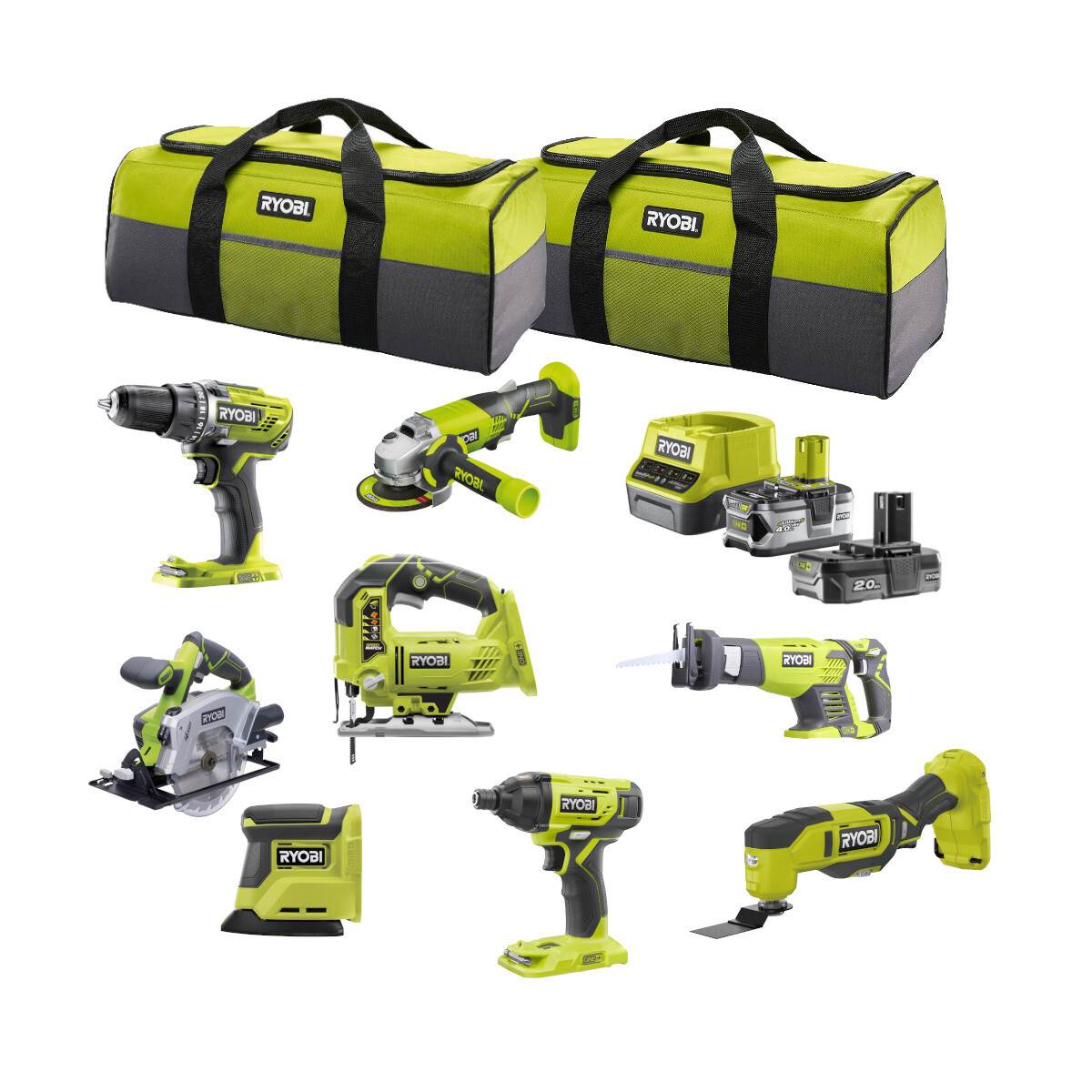 RYOBI B-Ware 18 V ONE+ Combo-Kit, 8-tlg., RCK188-242SL, inkl. 1x 4,0 Ah & 1x 2,0 Ah Akkus + Ladegerät in 2x Werkzeugtasche Produktabbildung