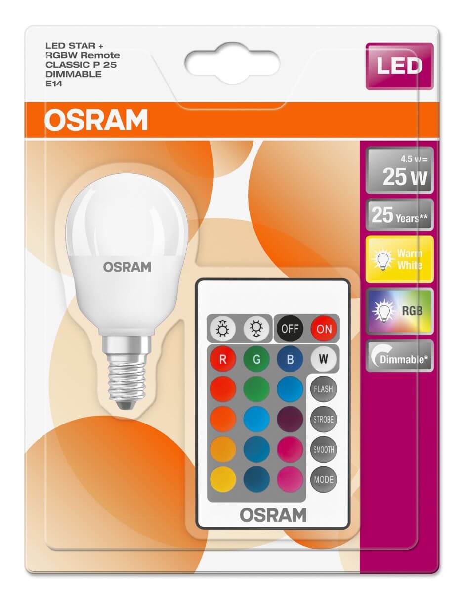 Osram Star+ Classic P 25, 4,5W = 25W, 250 lm, E14, RGBW, mit Fernbedienung Produktabbildung 2